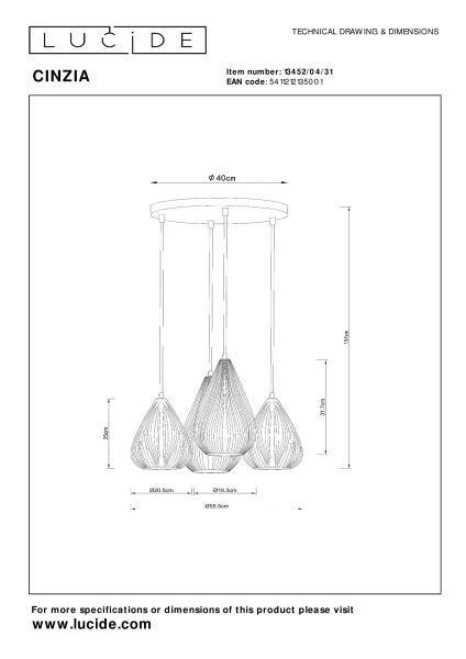 Lucide CINZIA - Pendelleuchten - Ø 55,5 cm - 4xE27 - Weiß - technisch